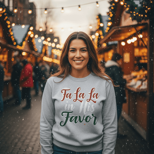 Fa La La in His Favor Long Sleeve Shirt | Faith Christmas Tee Women - SheWalksInFaith
