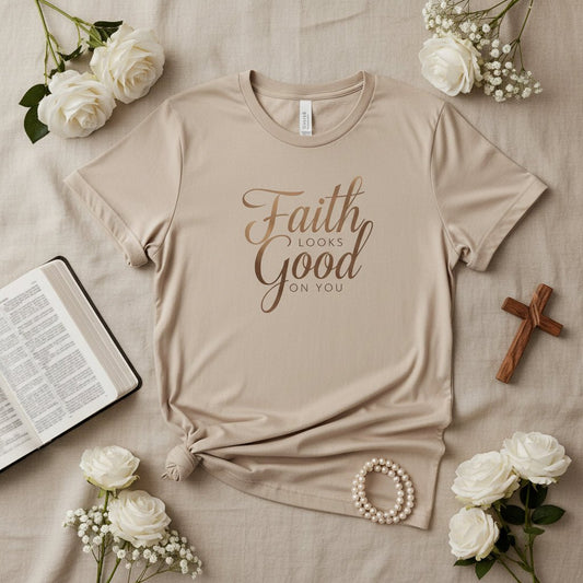 Faith Looks Good on You Tee– Gold Cursive Edition - SheWalksInFaith