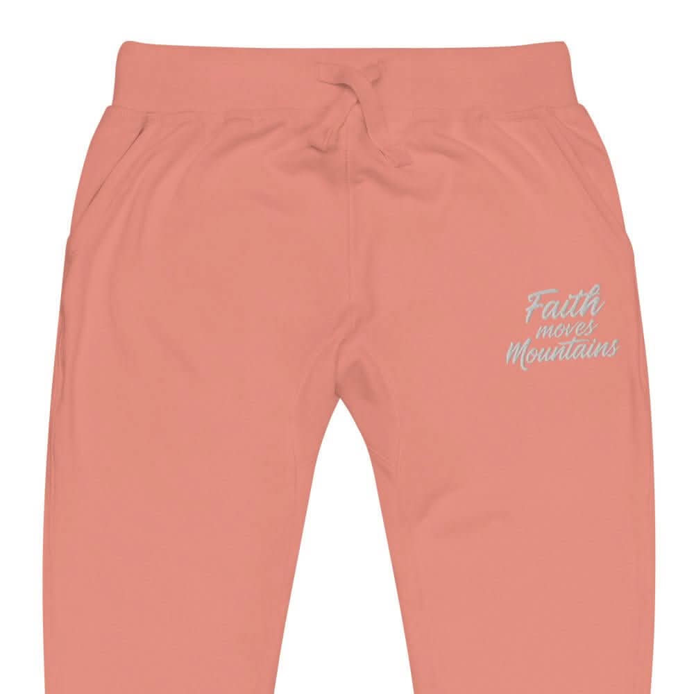 Faith Moves Mountains Joggers in Pink, perfect for inspirational and comfortable everyday wear.