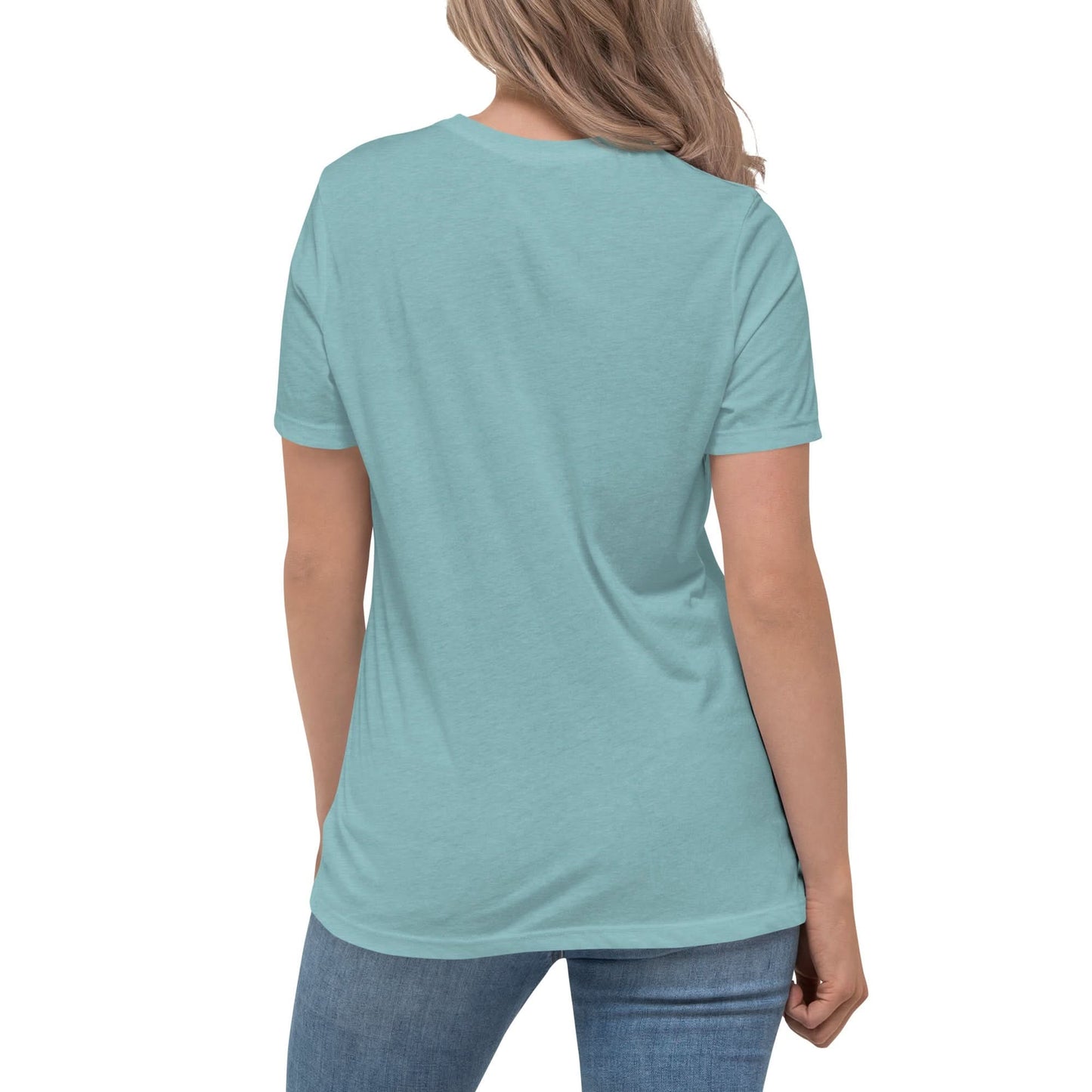 Back view of the Faith Looks Good on You Tee in Blue Lagoon color, showcasing a stylish and comfortable fit.