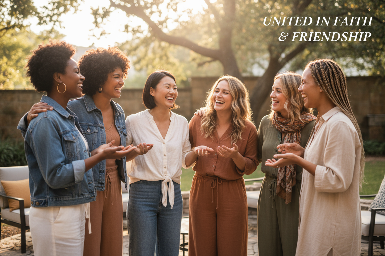 A diverse group of women of different races and ethnicities standing together outdoors, casually talking and laughing, showing friendship and empowerment. Soft, natural lighting, warm tones, modern casual clothing, candid and authentic expressions, high-quality, lifestyle photography style. Focus on connection and positivity, suitable for a faith-inspired women’s community website.