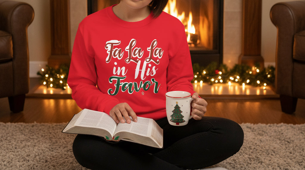Fa La La in His Favor Long Sleeve Shirt – Faith - Based Christmas Tee for Women - SheWalksInFaith