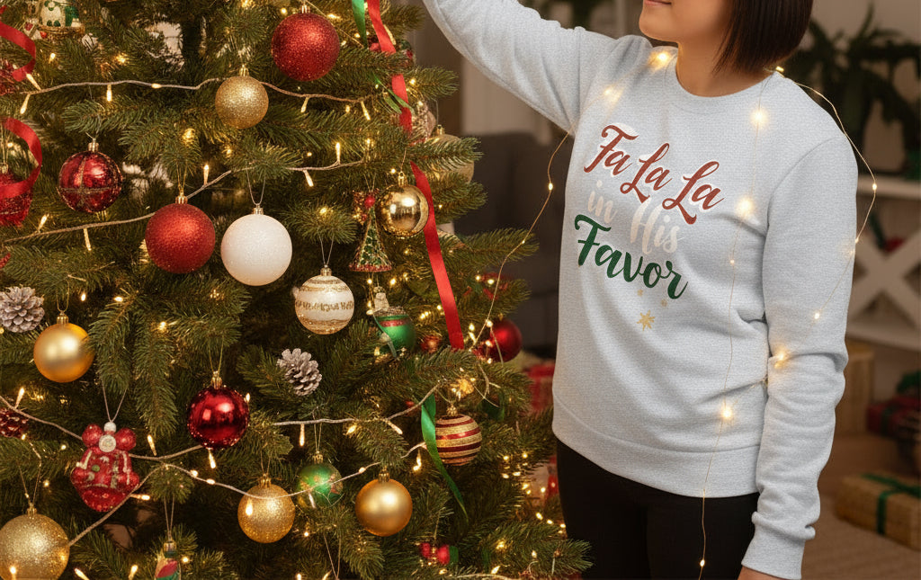 Fa La La in His Favor Long Sleeve Shirt – Faith - Based Christmas Tee for Women - SheWalksInFaith