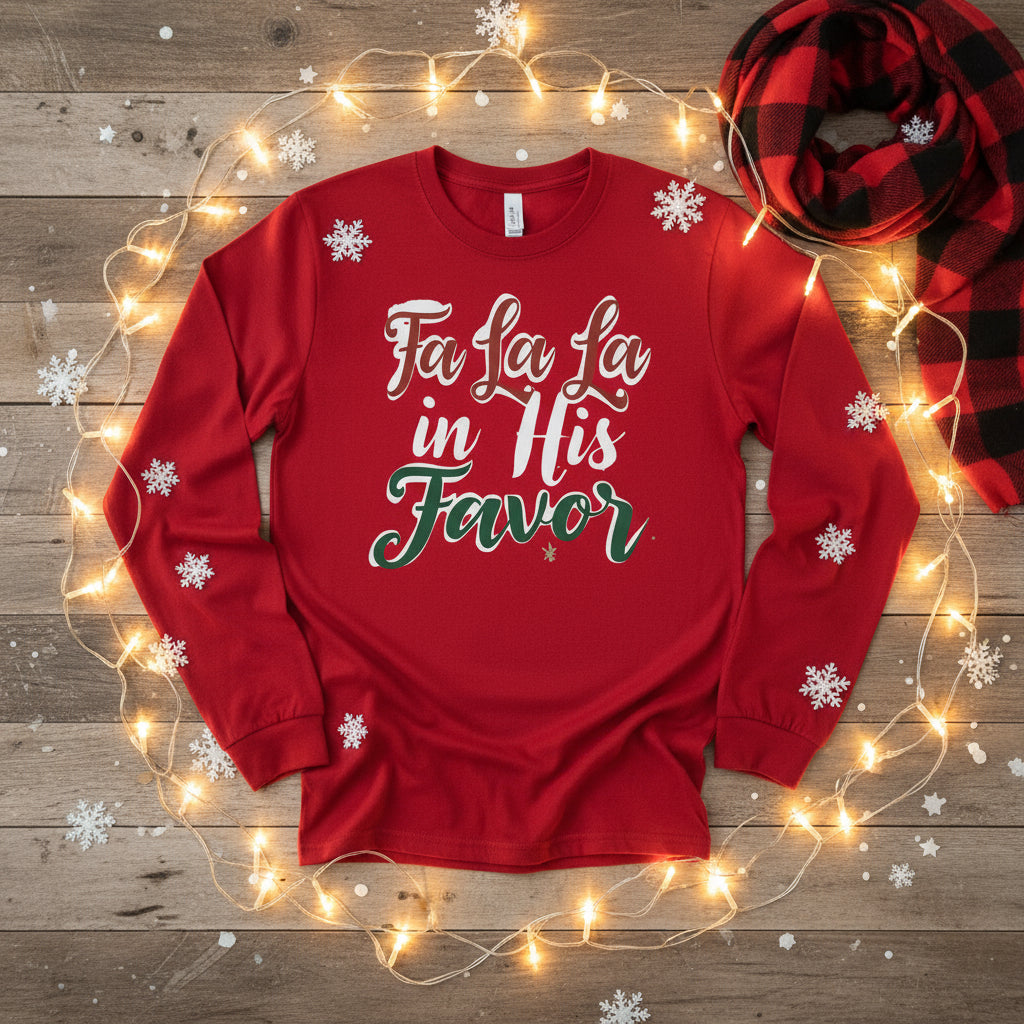 Fa La La in His Favor Long Sleeve Shirt – Faith - Based Christmas Tee for Women - SheWalksInFaith