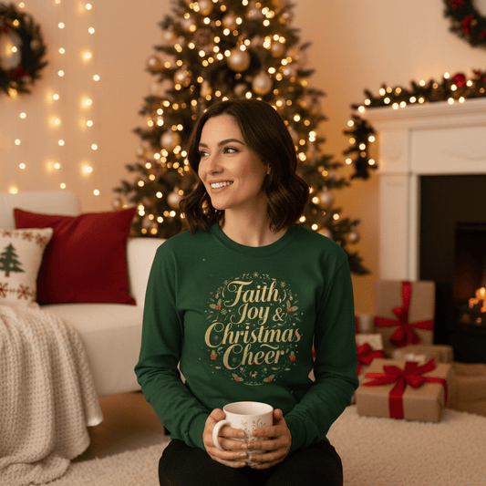 Faith Joy & Christmas Cheer Long Sleeve Shirt | Christian Holiday Tee - SheWalksInFaith