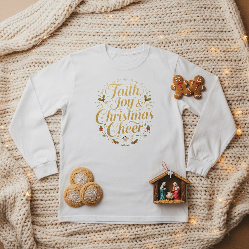 Faith, Joy & Christmas Cheer Long Sleeve Shirt – Inspirational Christian Holiday Tee - SheWalksInFaith