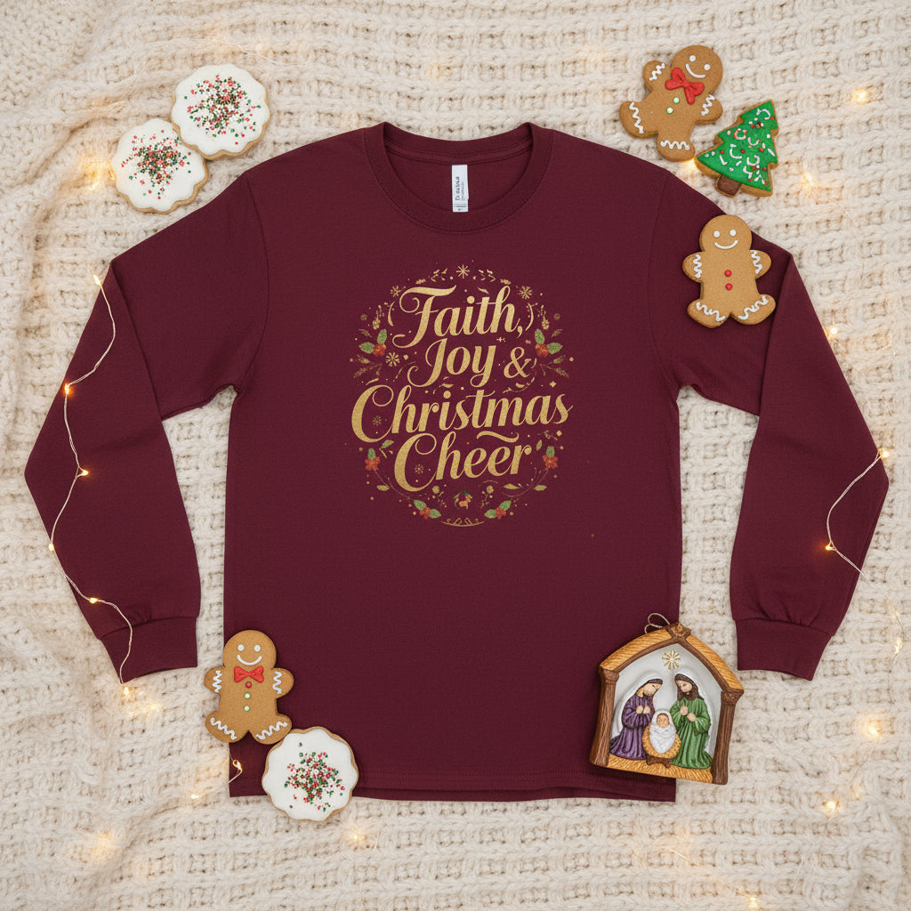 Faith, Joy & Christmas Cheer Long Sleeve Shirt – Inspirational Christian Holiday Tee - SheWalksInFaith