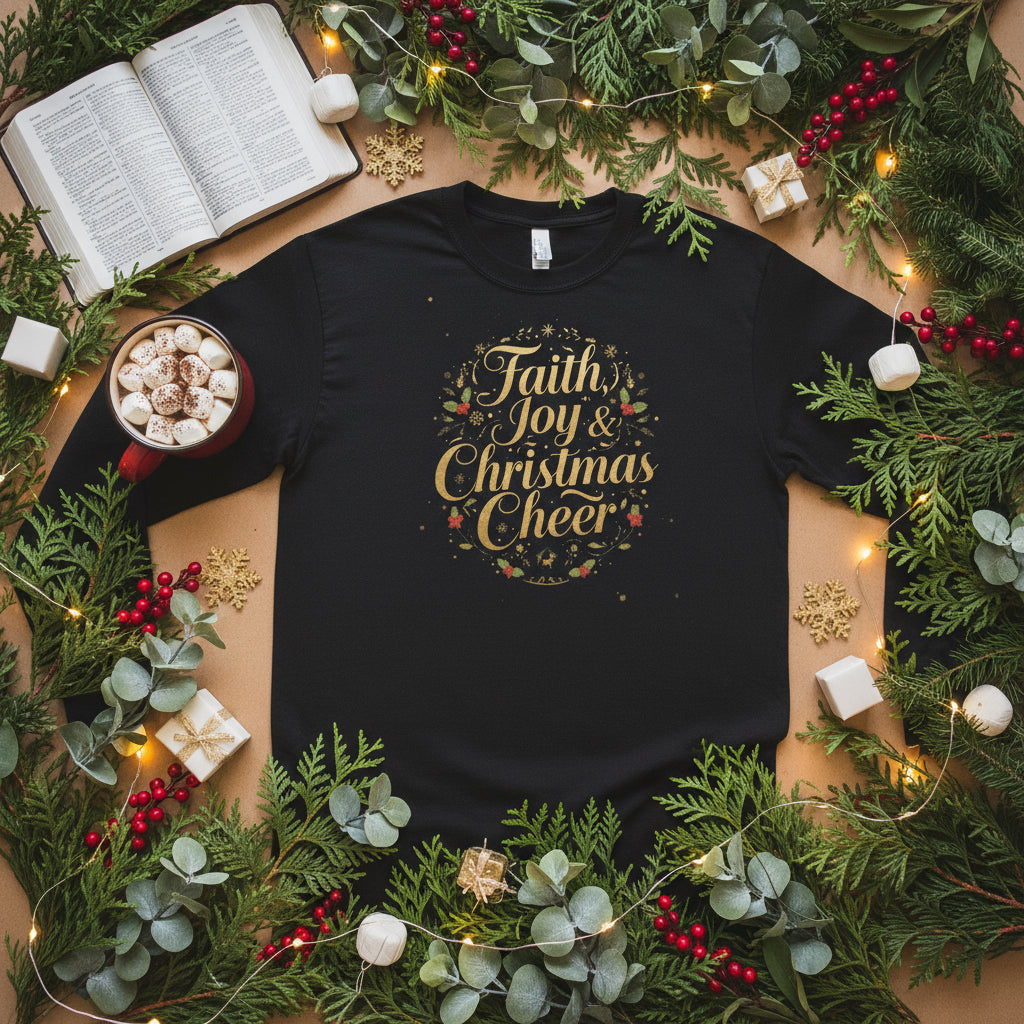 Faith, Joy & Christmas Cheer Long Sleeve Shirt – Inspirational Christian Holiday Tee - SheWalksInFaith