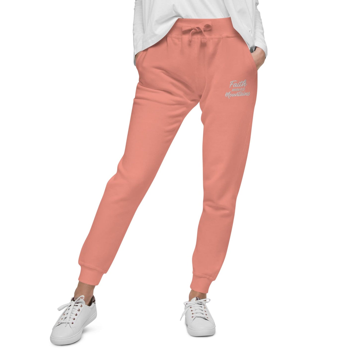 Faith Moves Mountains Joggers in Pink  , perfect for inspirational and comfortable everyday wear.