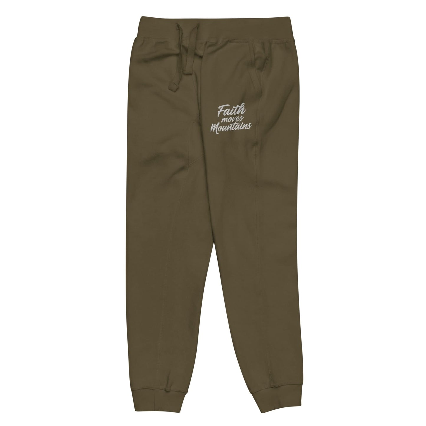 Faith Moves Mountains Joggers in olive green, perfect for inspirational and comfortable everyday wear.