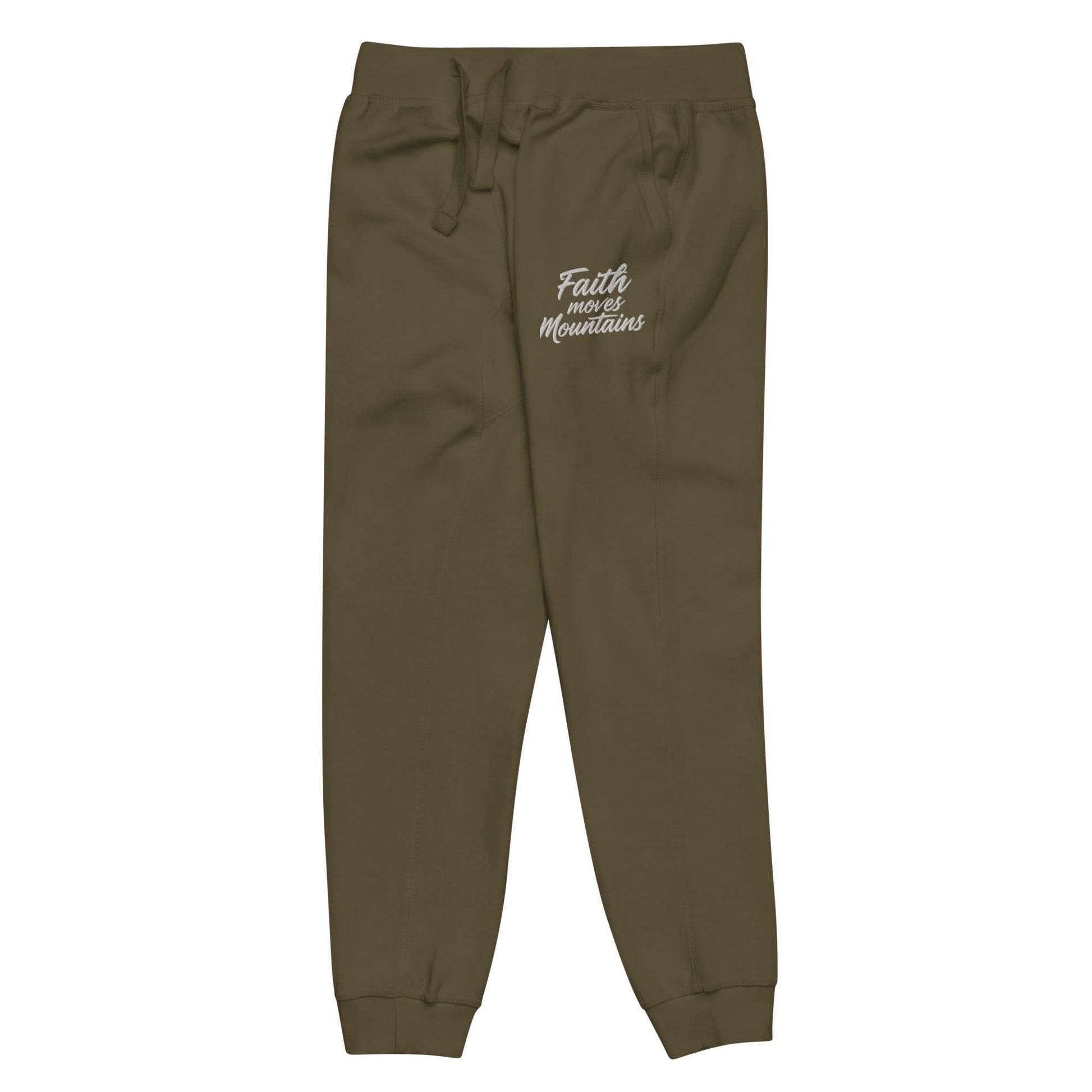 Faith Moves Mountains Joggers in olive green, perfect for inspirational and comfortable everyday wear.