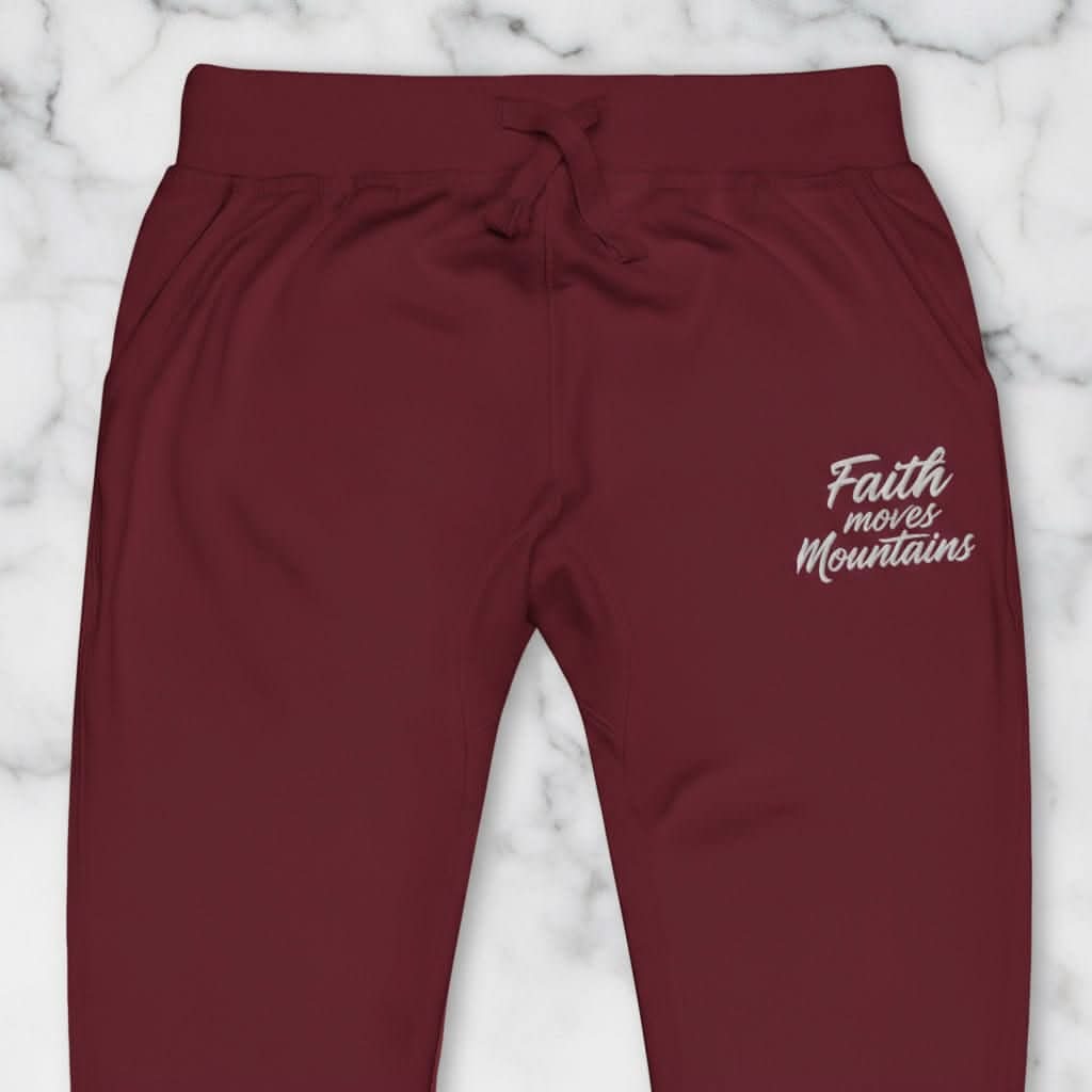 Faith Moves Mountains Joggers in Burgundy , perfect for inspirational and comfortable everyday wear.