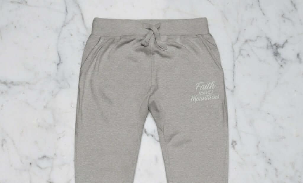 Faith Moves Mountains Joggers in Grey , perfect for inspirational and comfortable everyday wear.