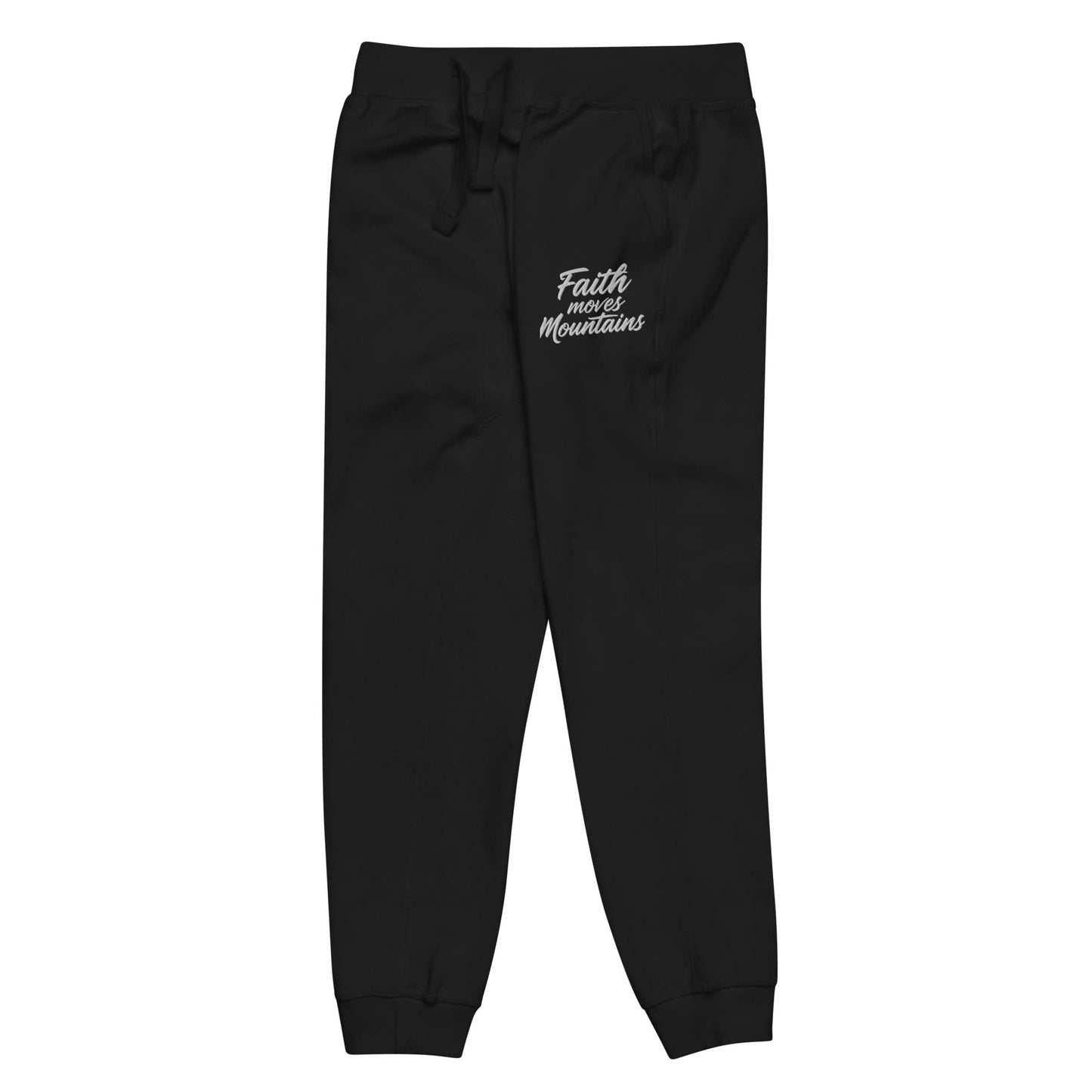 Faith Moves Mountains Joggers in Black , perfect for inspirational and comfortable everyday wear.