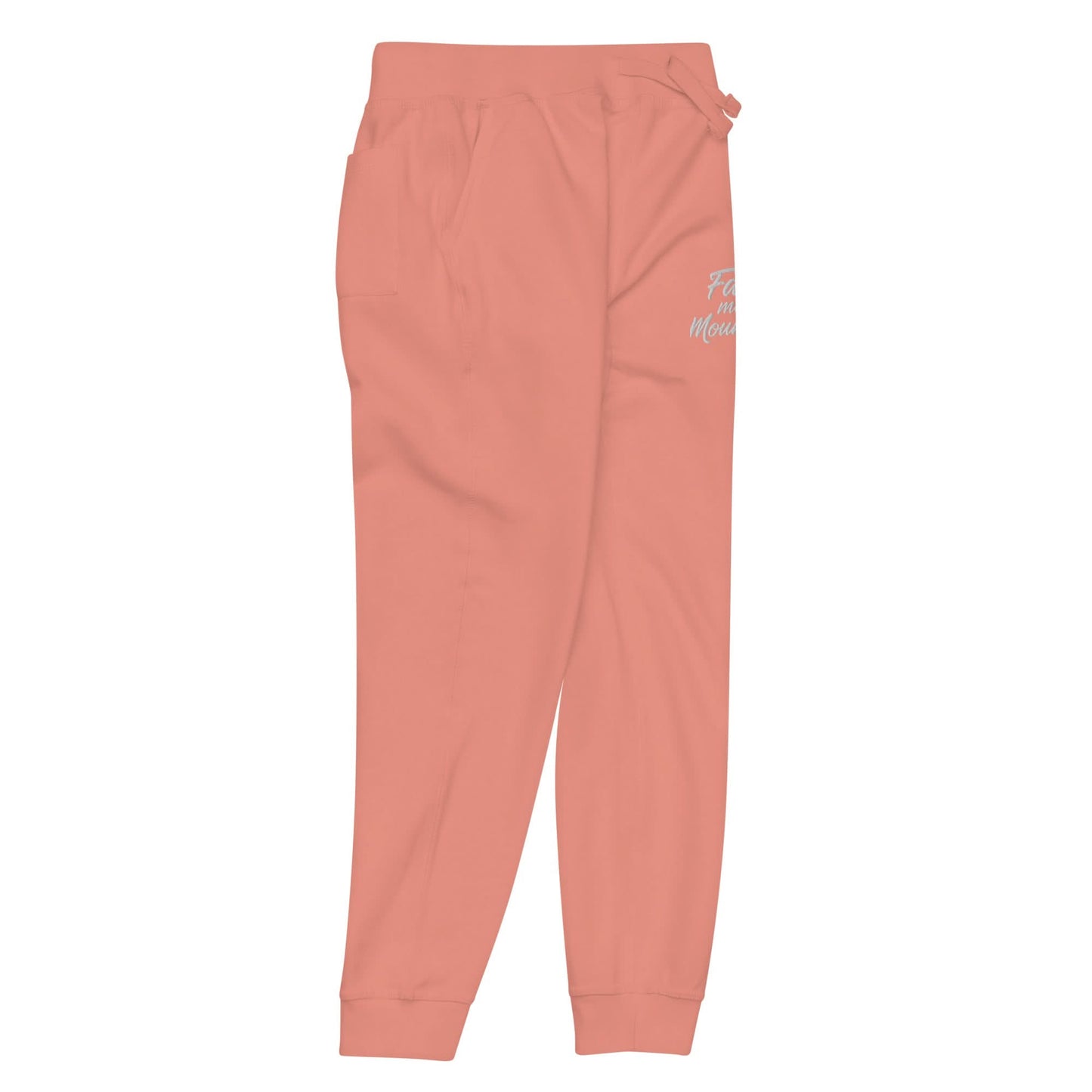 Faith Moves Mountains Joggers in Pink, perfect for inspirational and comfortable everyday wear.