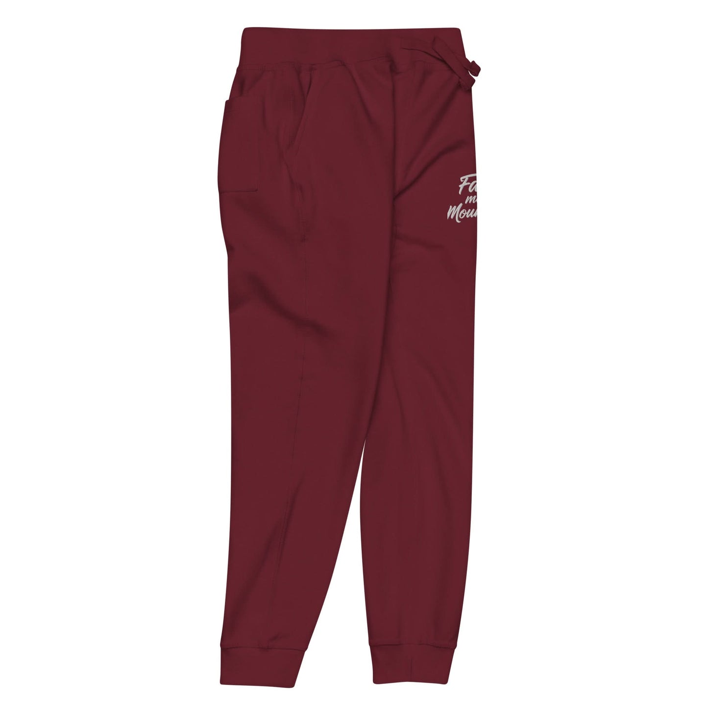 Faith Moves Mountains Joggers in Burgundy , perfect for inspirational and comfortable everyday wear.