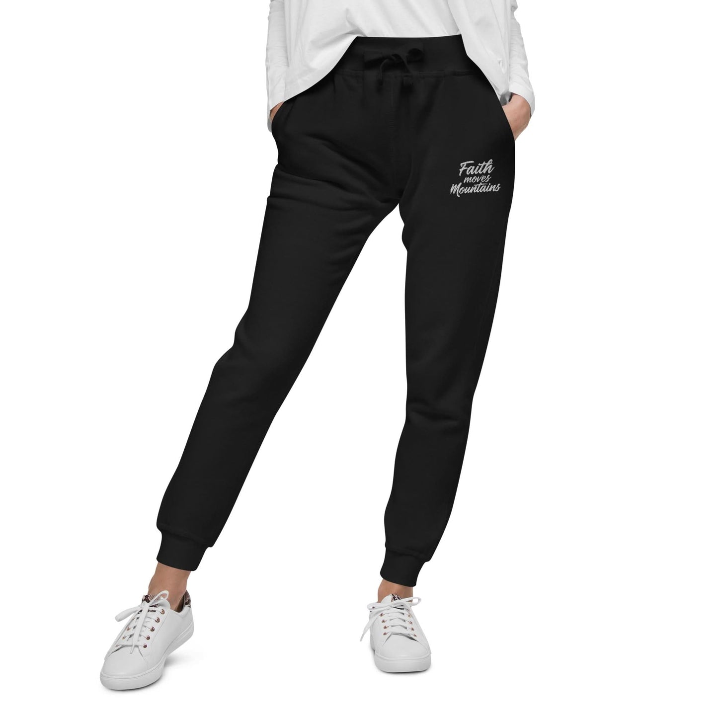 Faith Moves Mountains Joggers in Black , perfect for inspirational and comfortable everyday wear.