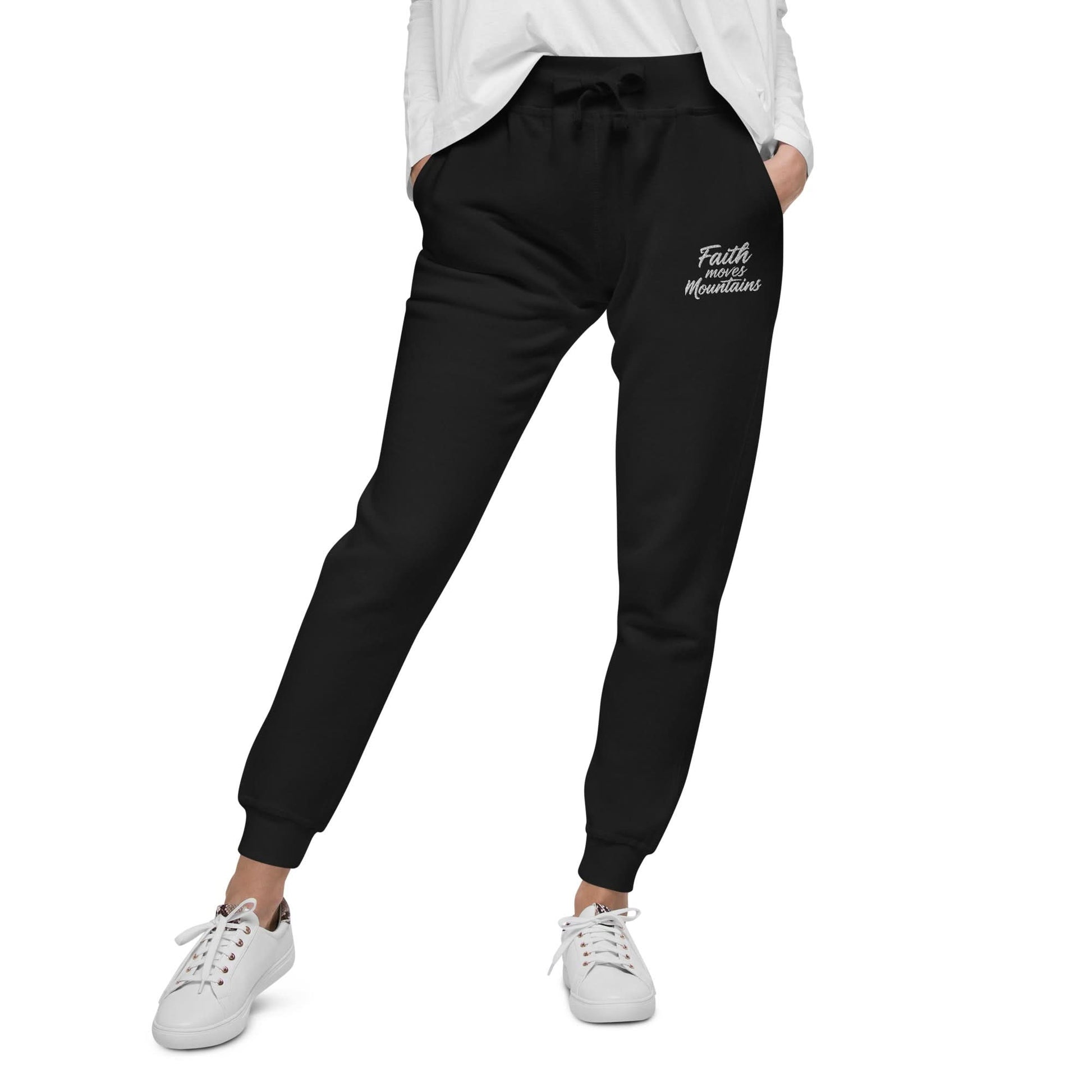 Faith Moves Mountains Joggers in Black , perfect for inspirational and comfortable everyday wear.