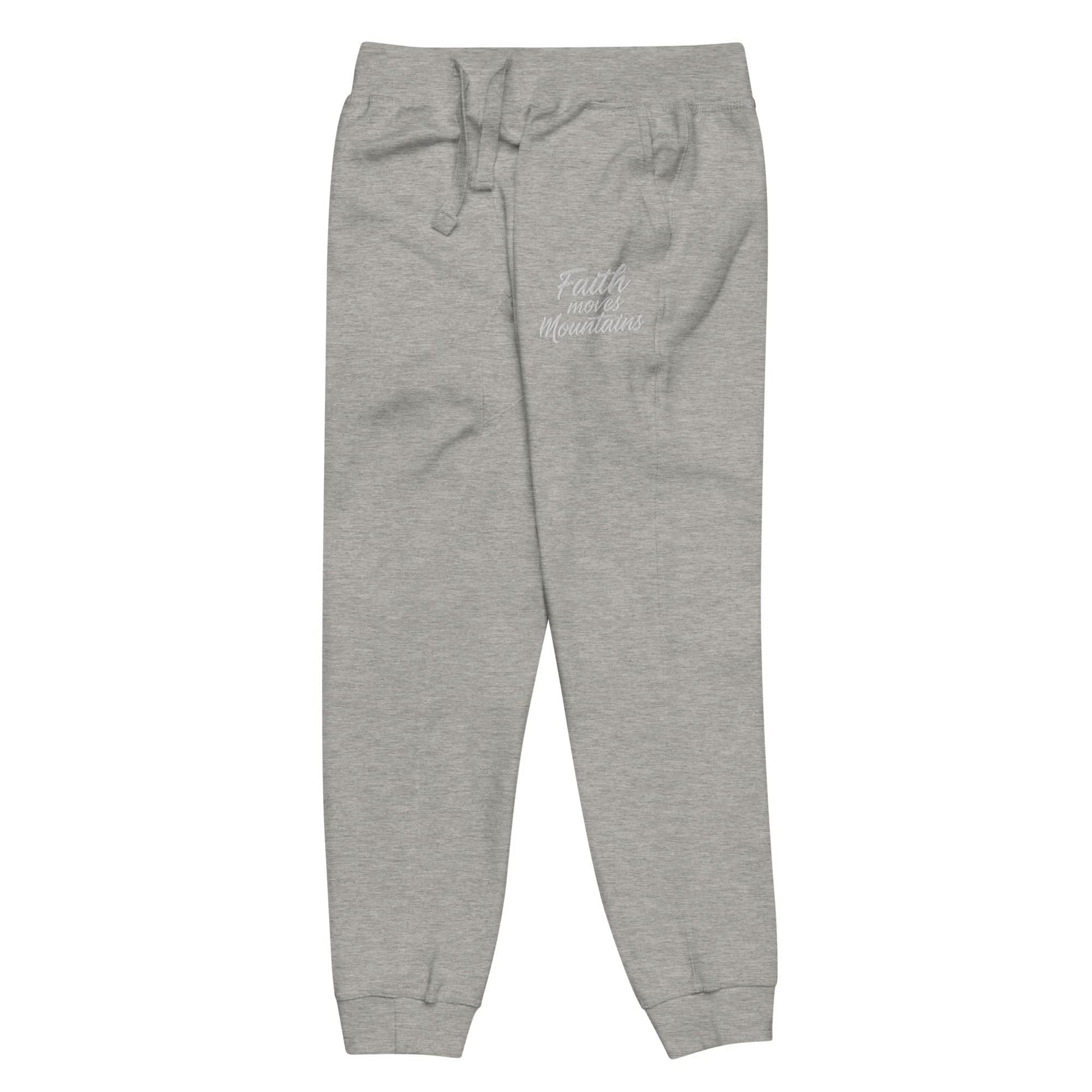 Faith Moves Mountains Joggers in Grey, perfect for inspirational and comfortable everyday wear.