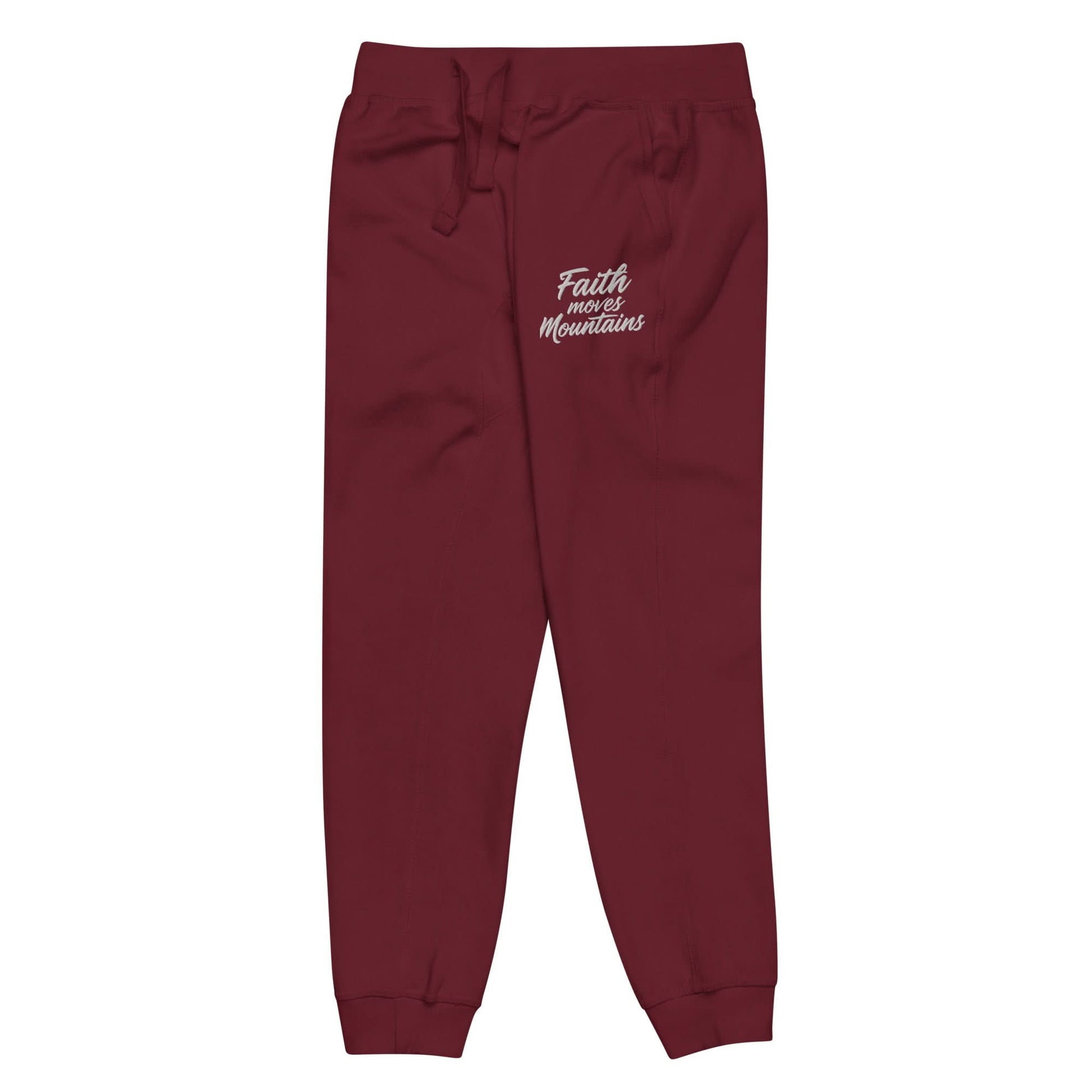 Faith Moves Mountains Joggers in Burgundy , perfect for inspirational and comfortable everyday wear.