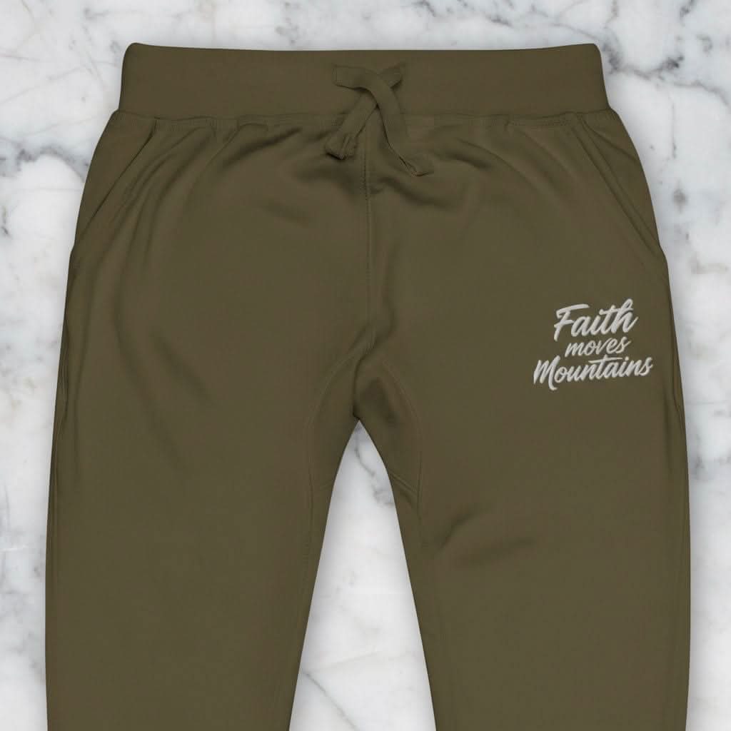 Faith Moves Mountains Joggers in Olive Green , perfect for inspirational and comfortable everyday wear.