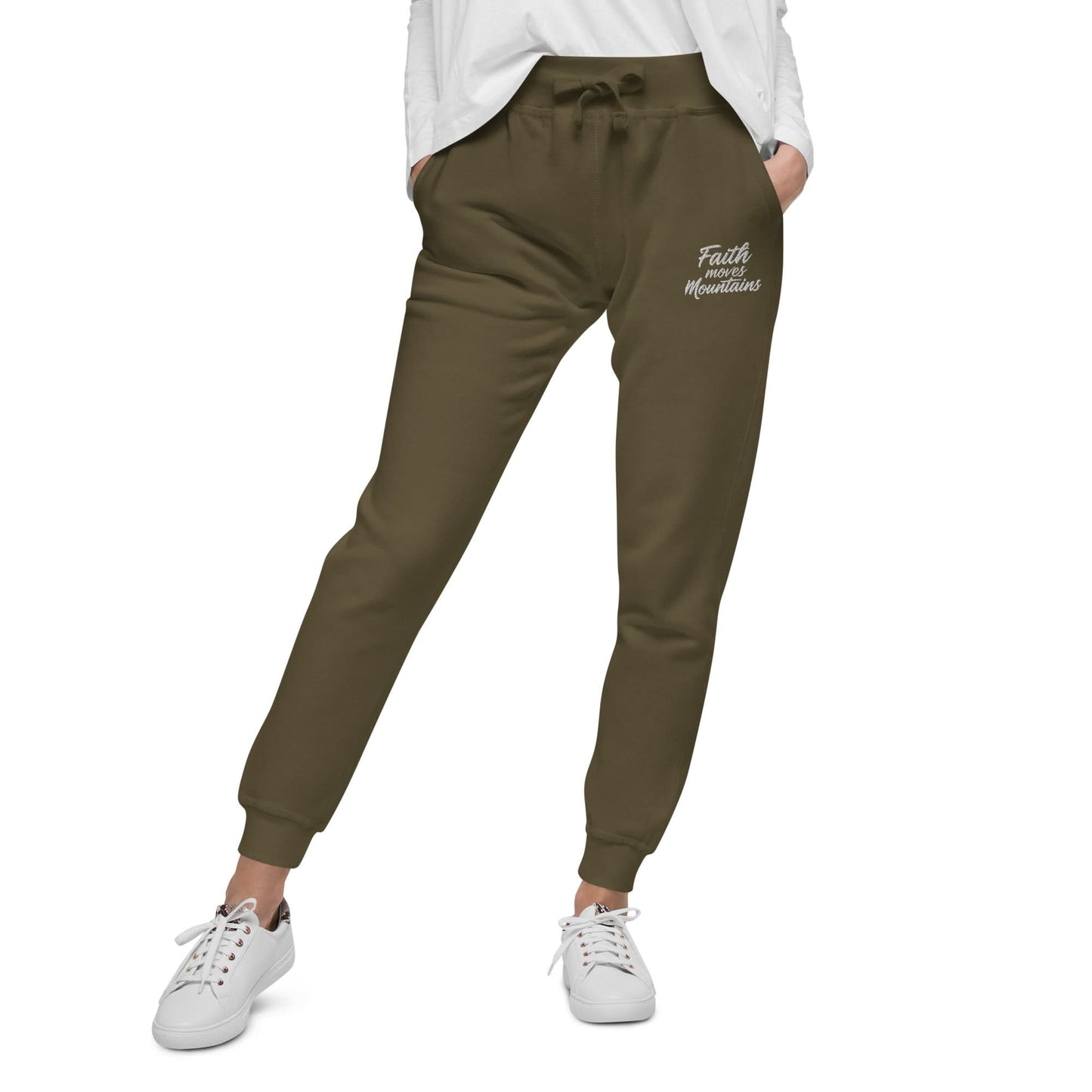 Faith Moves Mountains Joggers in Olive Green  , perfect for inspirational and comfortable everyday wear.