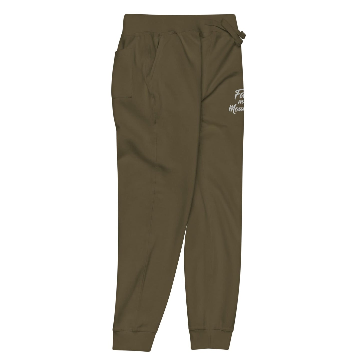 Faith Moves Mountains Joggers in olive green, perfect for inspirational and comfortable everyday wear.