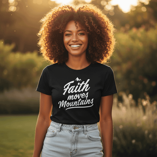 Faith Moves Mountains Tee – Black with White Text - SheWalksInFaith