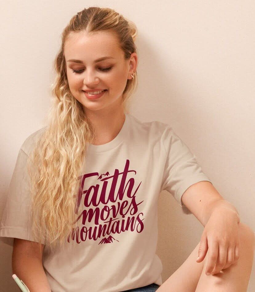 Faith Moves Mountains Tee – Cream with Burgundy Text - SheWalksInFaith