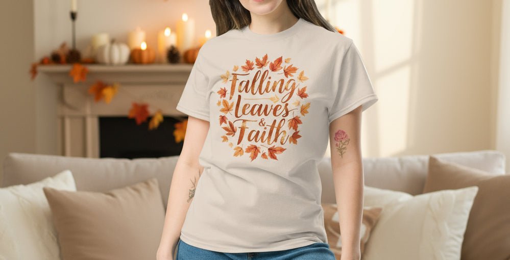 Falling Leaves & Faith Tee – Faith - Inspired Fall Christian Shirt for Women - SheWalksInFaith