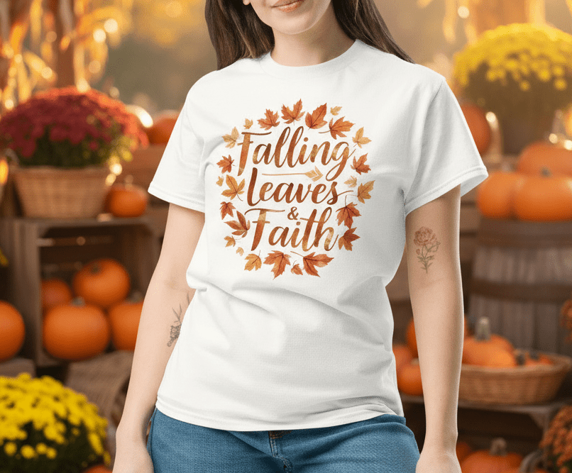 Falling Leaves & Faith Tee – Faith - Inspired Fall Christian Shirt for Women - SheWalksInFaith