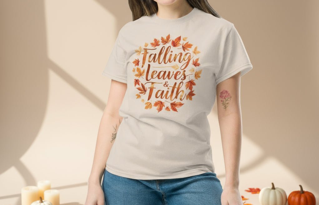 Falling Leaves & Faith Tee – Faith - Inspired Fall Christian Shirt for Women - SheWalksInFaith