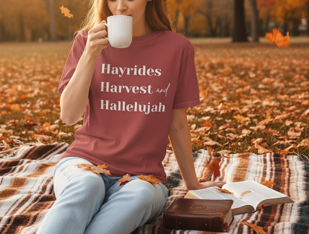 Hayrides, Harvest & Hallelujah Tee – Faith - Inspired Fall Christian Shirt for Women - SheWalksInFaith