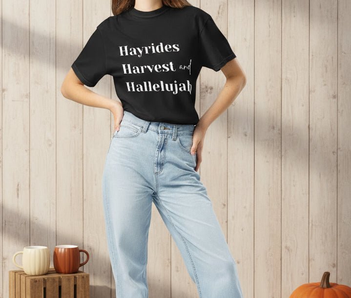 Hayrides, Harvest & Hallelujah Tee – Faith - Inspired Fall Christian Shirt for Women - SheWalksInFaith