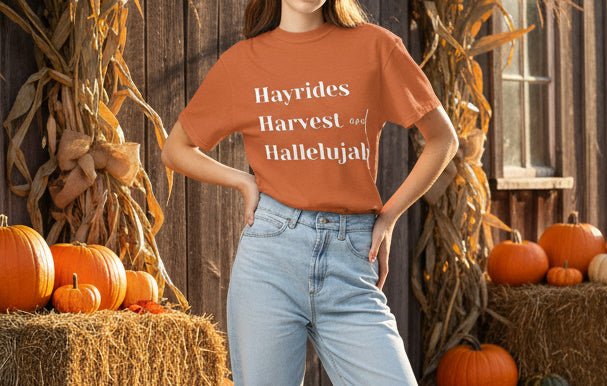 Hayrides, Harvest & Hallelujah Tee – Faith - Inspired Fall Christian Shirt for Women - SheWalksInFaith