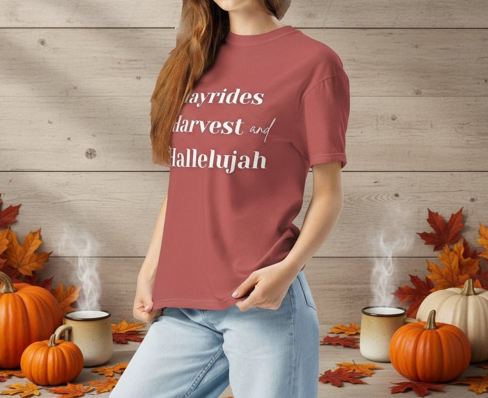 Hayrides, Harvest & Hallelujah Tee – Faith - Inspired Fall Christian Shirt for Women - SheWalksInFaith