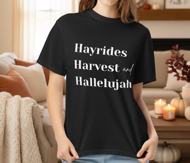 Hayrides, Harvest & Hallelujah Tee – Faith - Inspired Fall Christian Shirt for Women - SheWalksInFaith