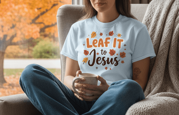 Leaf It to Jesus Tee – Funny Faith - Inspired Fall Christian Apparel - SheWalksInFaith