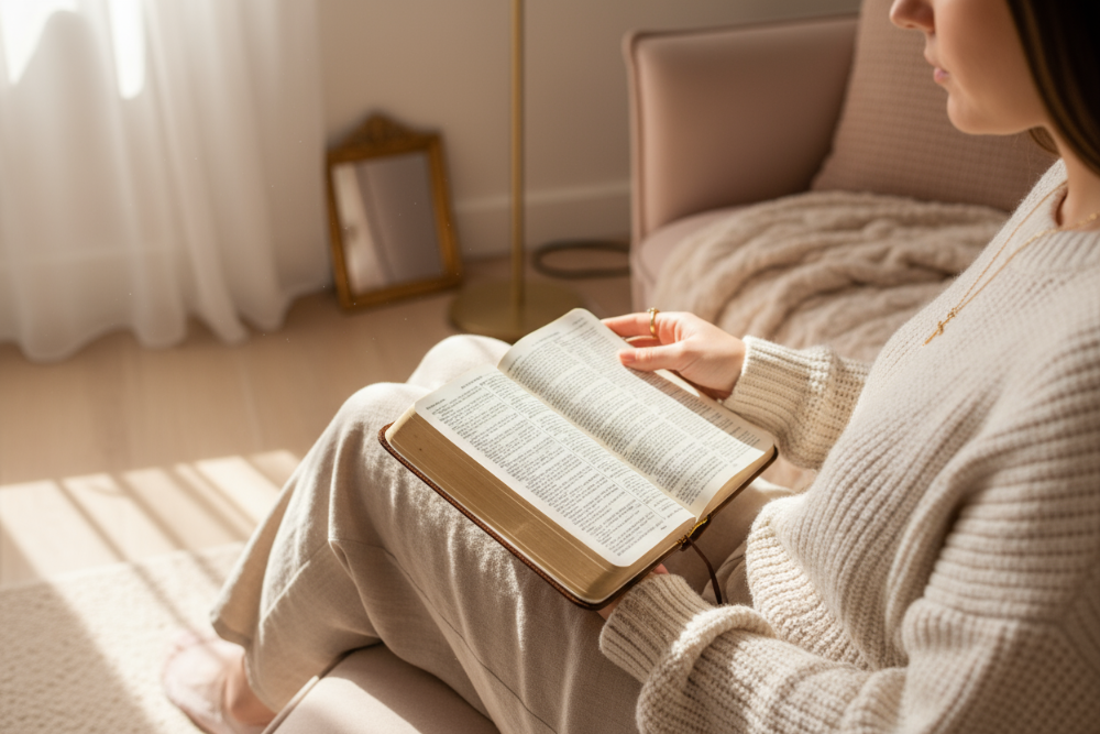 POV image of a woman reading an open Bible on her lap, wearing a cozy neutral outfit, soft blush and cream background, morning sunlight streaming in, delicate gold accents, peaceful and faith-inspired atmosphere, airy lighting and modern lifestyle photography style.
