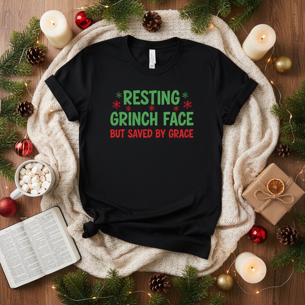 Resting Grinch Face Tee – Cute & Funny Christmas Shirt for Women - SheWalksInFaith