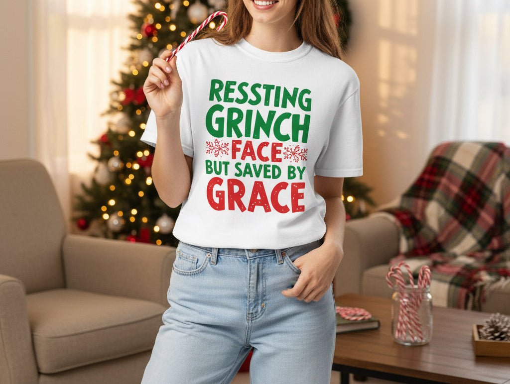 Resting Grinch Face Tee – Cute & Funny Christmas Shirt for Women - SheWalksInFaith