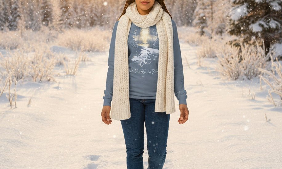 She Walks in Faith Footprints in Snow Long Sleeve Shirt – Blue Jean Christian Tee - SheWalksInFaith