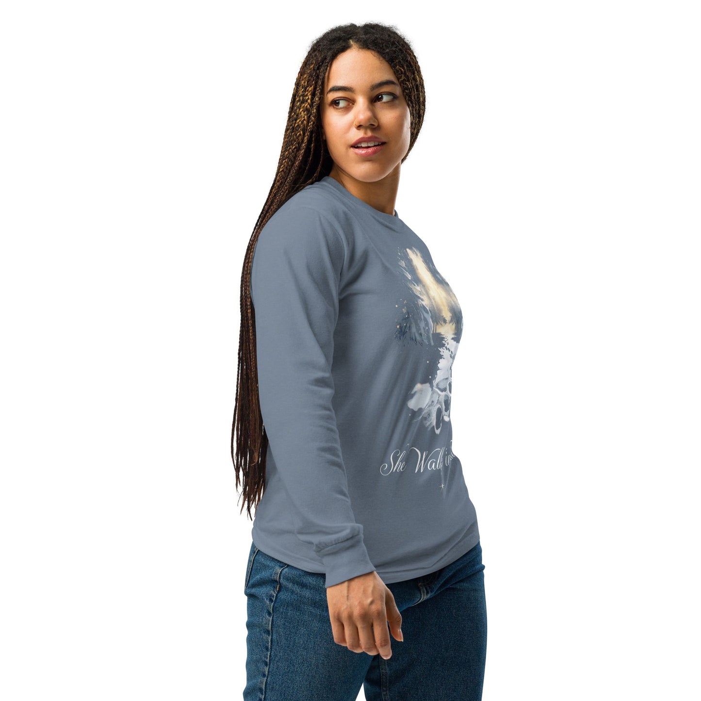 She Walks in Faith Footprints in Snow Long Sleeve Shirt – Blue Jean Christian Tee - SheWalksInFaith