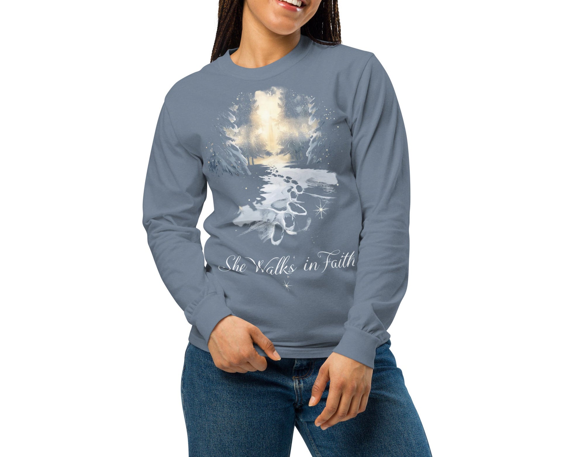 She Walks in Faith Footprints in Snow Long Sleeve Shirt – Blue Jean Christian Tee - SheWalksInFaith