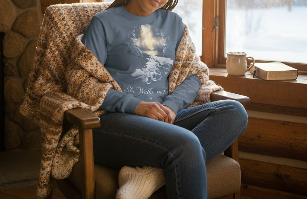 She Walks in Faith Footprints in Snow Long Sleeve Shirt – Blue Jean Christian Tee - SheWalksInFaith