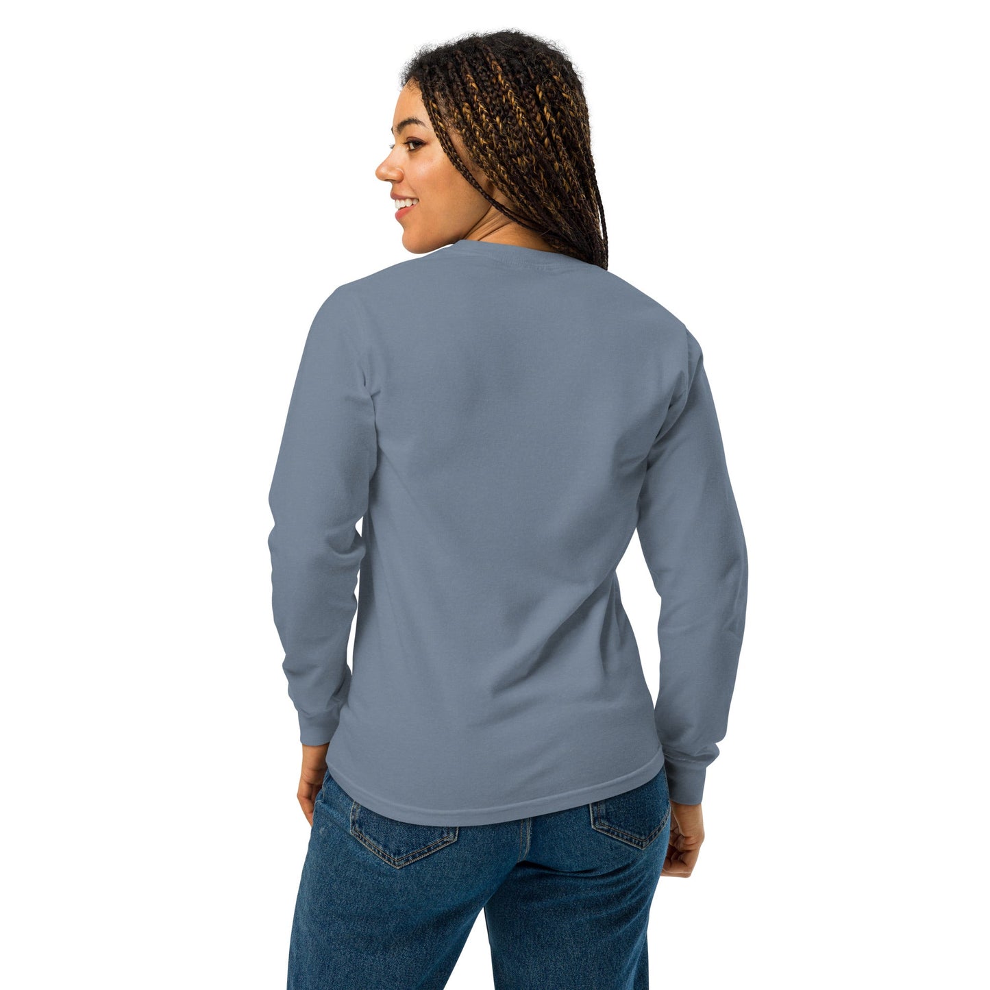 She Walks in Faith Footprints in Snow Long Sleeve Shirt – Blue Jean Christian Tee - SheWalksInFaith