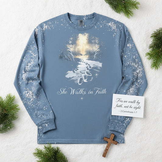 She Walks in Faith Footprints in Snow Long Sleeve Shirt – Blue Jean Christian Tee - SheWalksInFaith