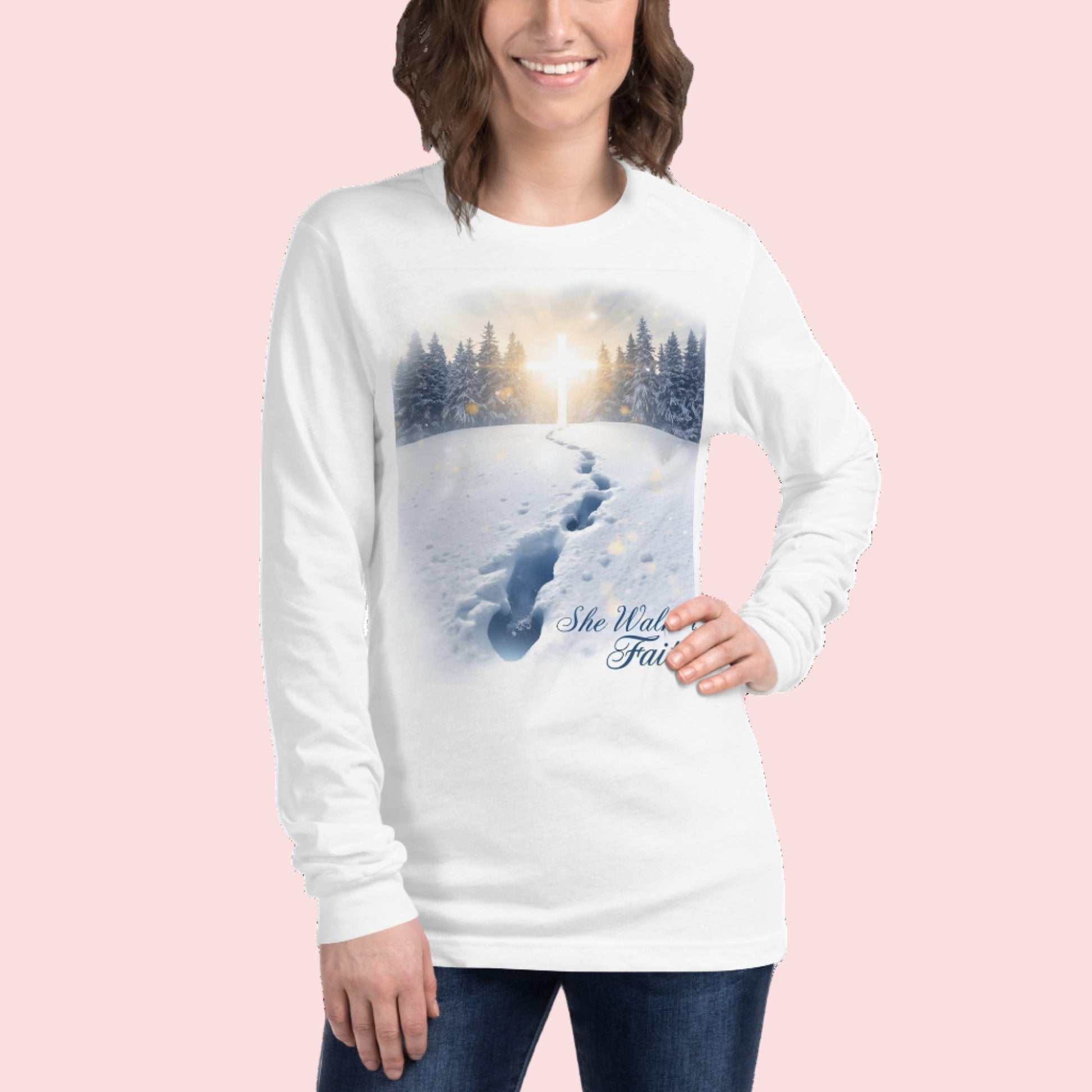 She Walks in Faith Footprints in Snow Long Sleeve Shirt – Inspirational Christian Tee - SheWalksInFaith