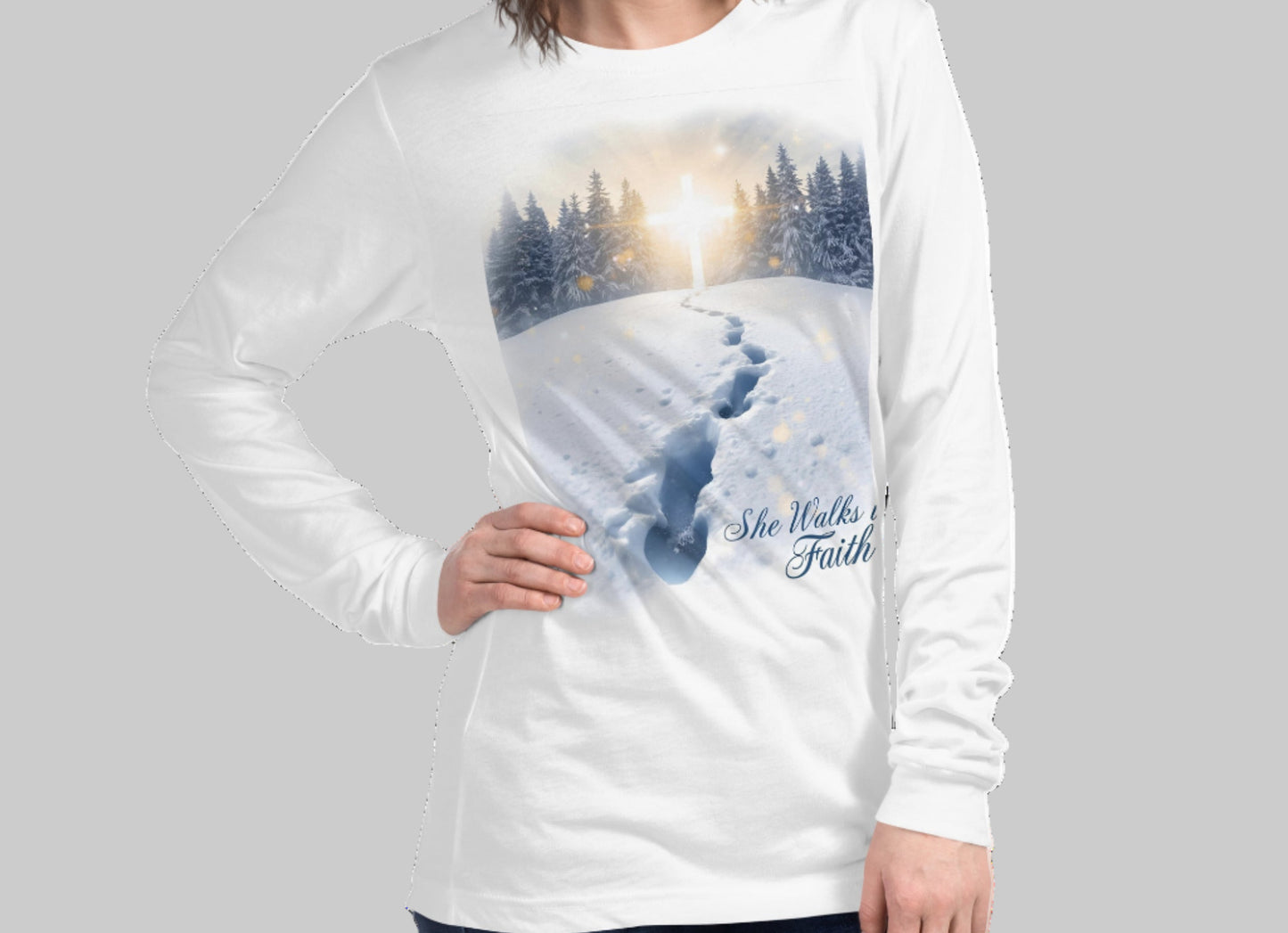 She Walks in Faith Footprints in Snow Long Sleeve Shirt – Inspirational Christian Tee - SheWalksInFaith