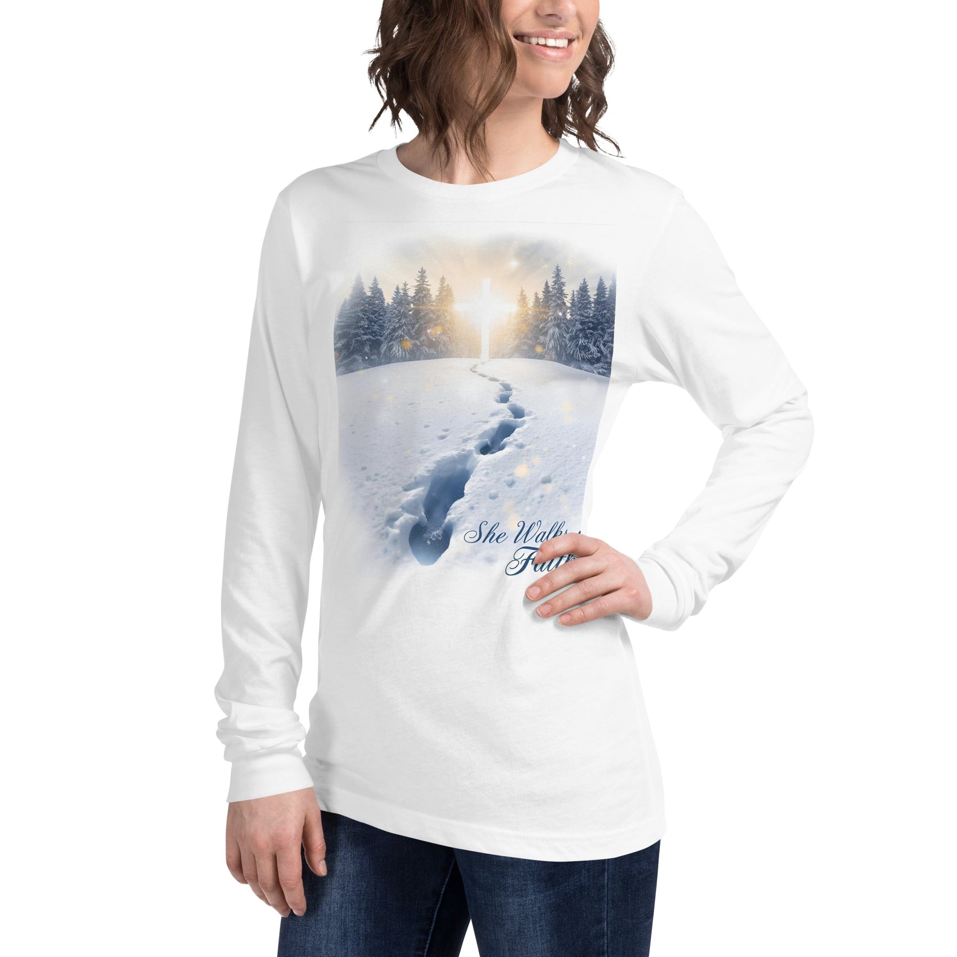 She Walks in Faith Footprints in Snow Long Sleeve Shirt – Inspirational Christian Tee - SheWalksInFaith